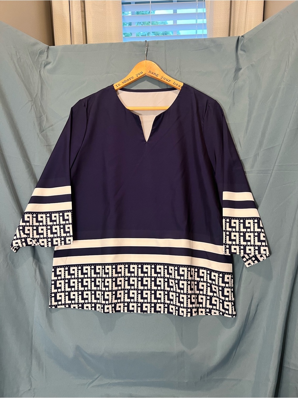 Navy & White Geometric Border V‑Neck Tunic